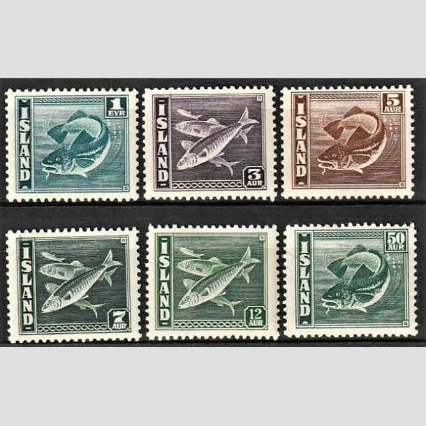 FRIMRKER ISLAND | 1939-43 - AFA 213-229 - Fisk- og flagserie - 1,3,5,7,12,50 aur - Ubrugt