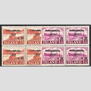 FRIMRKER ISLAND | 1953 - AFA 286,287 - Hollandshjlpen - 75 + 25 aur + 1,25 kr./25 aur i 4-blok st - Postfrisk