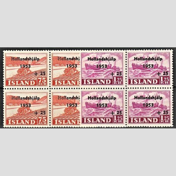 FRIMRKER ISLAND | 1953 - AFA 286,287 - Hollandshjlpen - 75 + 25 aur + 1,25 kr./25 aur i 4-blok st - Postfrisk