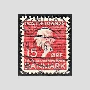 FRIM�RKER DANMARK | 1935 - AFA 226 - H. C. Andersen 15 �re r�d - Lux Stemplet Klemensker