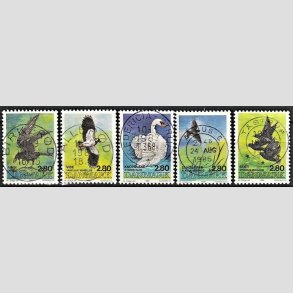 FRIM�RKER DANMARK | 1986 - AFA 864-868 - Danske fugle - 2,80 Kr. flerfarvet i komplet s�t - Lux Stemplet