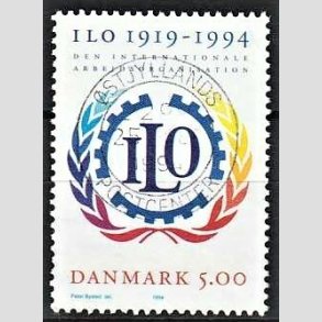 FRIM�RKER DANMARK | 1994 - AFA 1075 - ILO 75 �r - 5,00 Kr. flerfarvet - Pragt Stemplet