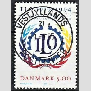 FRIM�RKER DANMARK | 1994 - AFA 1075 - ILO 75 �r - 5,00 Kr. flerfarvet - Pragt Stemplet
