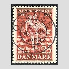 FRIM�RKER DANMARK | 1952 - AFA 334 - Redningsv�snet 100 �r - 25 �re brunr�d - Pragt Stemplet Odense