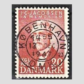 FRIM�RKER DANMARK | 1947 - AFA 305 - I. C. Jacobsen - 20 �re brunr�d - Pragt Stemplet K�benhavn