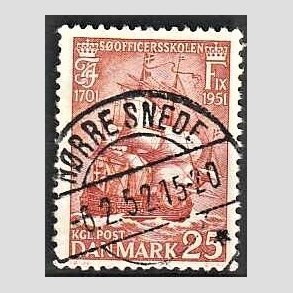 FRIM�RKER DANMARK | 1951 - AFA 328 - S�officerskolen 250 �r - 25 �re brunr�d - Pragt Stemplet N�rre Snede