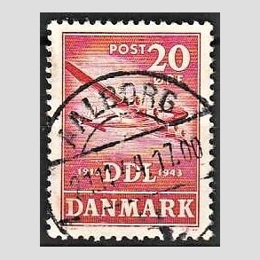 FRIM�RKER DANMARK | 1943 - AFA 282 - Danske Luftfartselskab 25 �r - 20 �re r�d - Pragt Stemplet Aalborg