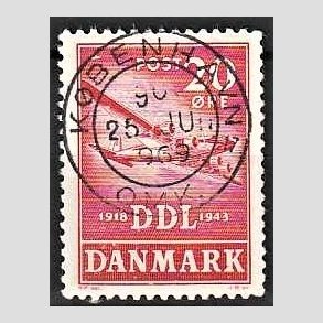 FRIM�RKER DANMARK | 1943 - AFA 282 - Danske Luftfartselskab 25 �r - 20 �re r�d - Pragt Stemplet K�benhavn