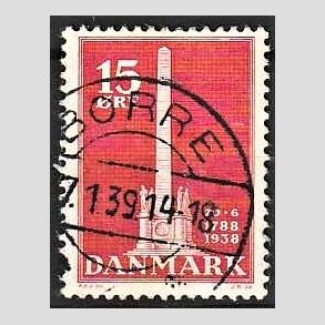 FRIM�RKER DANMARK | 1938 - AFA 244 - Stavnsb�ndet 15 �re r�d - Lux Stemplet Borre