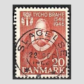 FRIM�RKER DANMARK | 1946 - AFA 298 - Tycho Brahe - 20 �re brunr�d - Pragt Stemplet Slagelse