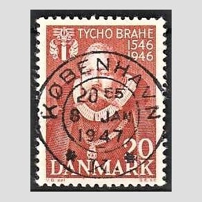 FRIM�RKER DANMARK | 1946 - AFA 298 - Tycho Brahe - 20 �re brunr�d - Pragt Stemplet K�benhavn