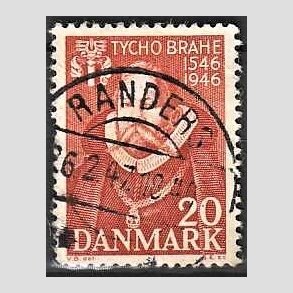 FRIM�RKER DANMARK | 1946 - AFA 298 - Tycho Brahe - 20 �re brunr�d - Pragt Stemplet Randers