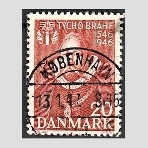 FRIM�RKER DANMARK | 1946 - AFA 298 - Tycho Brahe - 20 �re brunr�d - Pragt Stemplet K�benhavn
