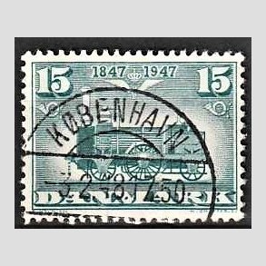 FRIM�RKER DANMARK | 1947 - AFA 302 - Danske jernbane 100 �r - 15 �re bl�gr�n - Pragt Stemplet K�benhavn