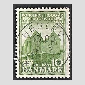 FRIM�RKER DANMARK | 1953-56 - AFA 351 - Det Danske Kongerige 1000 �r - 10 �re gr�n - Pragt Stemplet Herlev