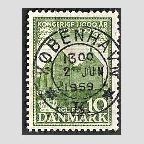 FRIM�RKER DANMARK | 1953-56 - AFA 351 - Det Danske Kongerige 1000 �r - 10 �re gr�n - Pragt Stemplet K�benhavn