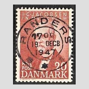 FRIM�RKER DANMARK | 1947 - AFA 305 - I. C. Jacobsen - 20 �re brunr�d - Pragt Stemplet Randers
