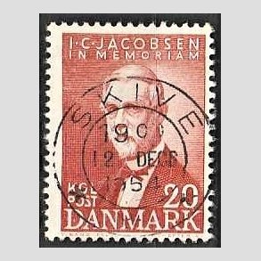 FRIM�RKER DANMARK | 1947 - AFA 305 - I. C. Jacobsen - 20 �re brunr�d - Pragt Stemplet Skive