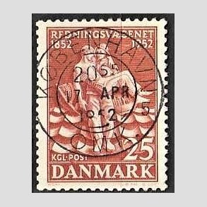 FRIM�RKER DANMARK | 1952 - AFA 334 - Redningsv�snet 100 �r - 25 �re brunr�d - Pragt Stemplet K�benhavn