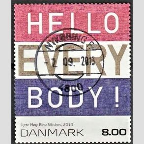 FRIMRKER DANMARK | 2013 - AFA 1755 - Frimrkekunst - Best wishes - 8,00 Kr. flerfarvet - Pragt Stemplet Nykbing F