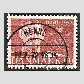 FRIM�RKER DANMARK | 1972 - AFA 522 - Frederik IX mindeudgave - 60 �re brunr�d - Pragt Stemplet Henne