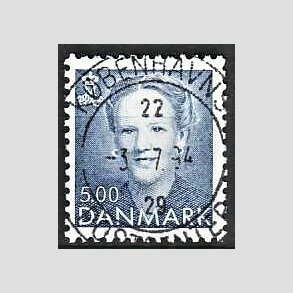 FRIMRKER DANMARK | 1992 - AFA 1019 - Dronning Margrethe - 5,00 Kr. bl - Pragt Stemplet Lyngby