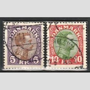 FRIMRKER DANMARK | 1927-28 - AFA 176,177 - Chr. X 5 Kr. violet/brun og 10 Kr. rd/grn - Stemplet