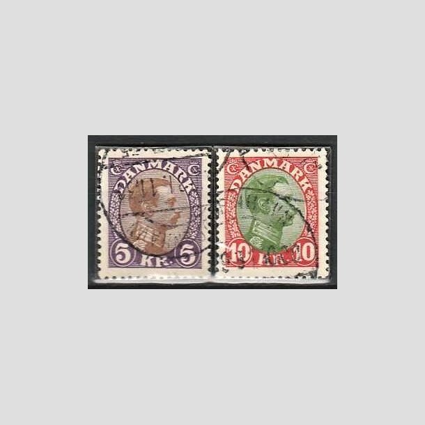 FRIMRKER DANMARK | 1927-28 - AFA 176,177 - Chr. X 5 Kr. violet/brun og 10 Kr. rd/grn - Stemplet