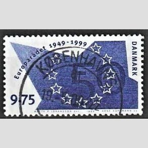 FRIM�RKER DANMARK | 1999 - AFA 1211 - Europar�det 50 �r - 9,75 Kr. bl� - Pragt Stemplet