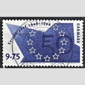 FRIM�RKER DANMARK | 1999 - AFA 1211 - Europar�det 50 �r - 9,75 Kr. bl� - Pragt Stemplet
