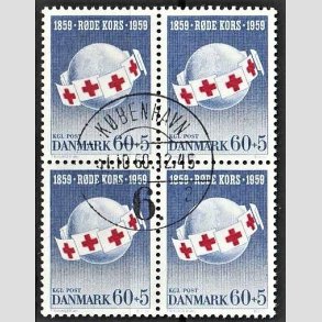 FRIMRKER DANMARK | 1959 - AFA 379 - Rde Kors - 60 + 5 re bl/rd i 4-blok - Lux stemplet