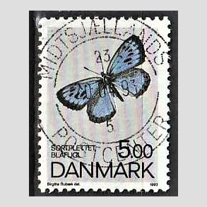 FRIM�RKER DANMARK | 1993 - AFA 1038 - Danske sommerfugle - 5,00 Kr. flerfarvet - Pragt Stemplet