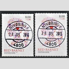 FRIMRKER DANMARK | 2013 - AFA 1747,1747a - Red Barnet - 8,00 + 1,00 Kr. flerfarvet i begge takninger - Pragt Stemplet Nykbing F