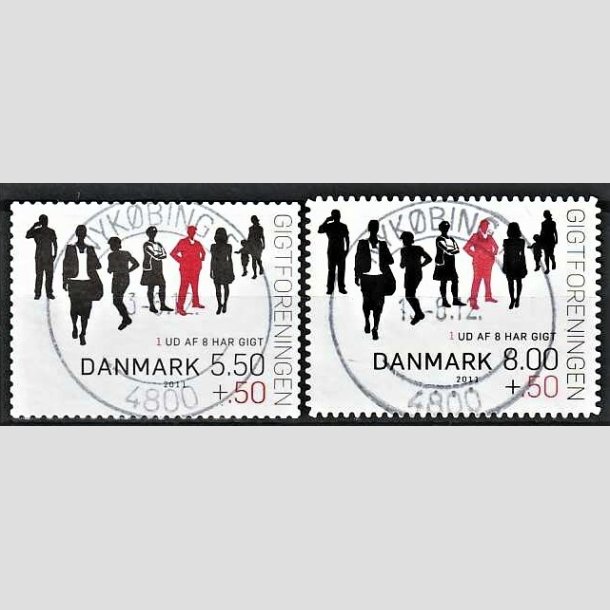 FRIMRKER DANMARK | 2011 - AFA 1646E,1646Ea - Gigtforeningen - 8,00 Kr. + 0,50 Kr. flerfarvet i begge takninger - Pragt Stemplet Nykbing F
