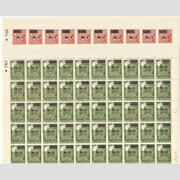 FRIMRKER DANMARK | 1955 - AFA 358,359 - Frihedsfond provisorier - 20 + 30 re + 5 re 2 x 50 stk. i ufoldet helarkst - Postfrisk