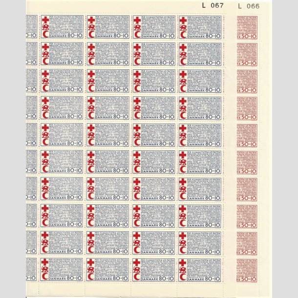 FRIMRKER DANMARK | 1966 - AFA 441F,442F - Dansk Rde Kors - 50 + 80 re + 10 re 2 x 50 stk. i ufoldet helarkst - Postfrisk