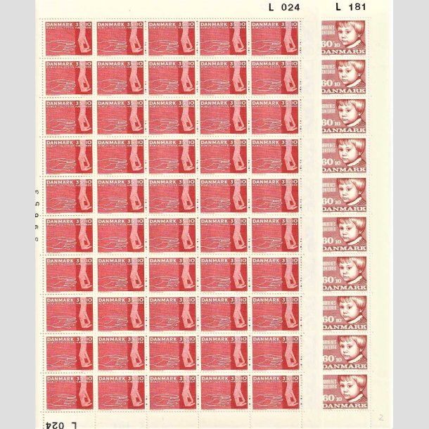 FRIMRKER DANMARK | 1963-71 - AFA 418F,512 - Hjlp til fysisk hmmede + Brnenes kontor - 35 + 60 re + 10 re rd 2 x 50 stk. i ufoldede helark - Postfrisk