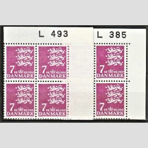 FRIMRKER DANMARK | 1978 - AFA 655 - Rigsvben 7 Kr. rdlilla i 2 x marginal 4-blok L385/L493 - Postfrisk