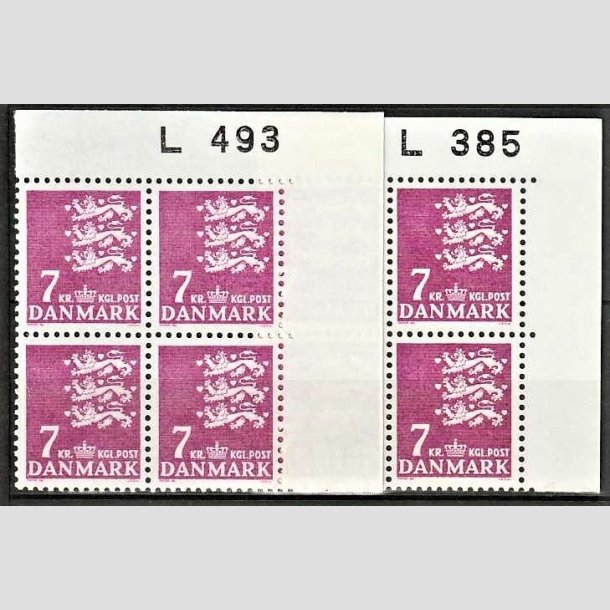 FRIMRKER DANMARK | 1978 - AFA 655 - Rigsvben 7 Kr. rdlilla i 2 x marginal 4-blok L385/L493 - Postfrisk
