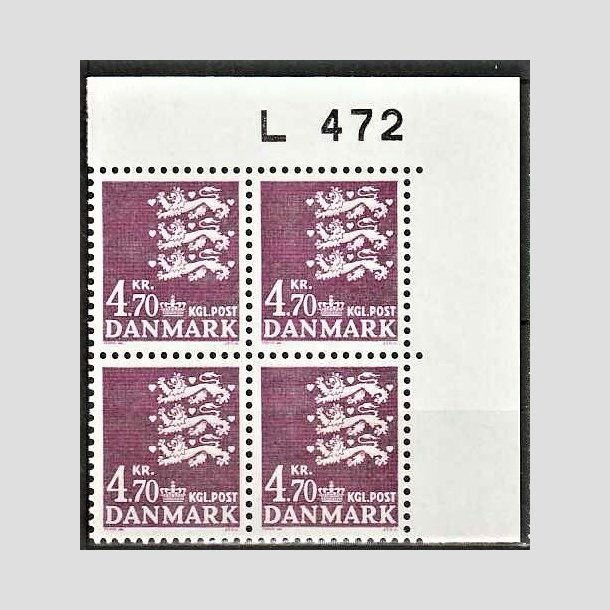 FRIMRKER DANMARK | 1981 - AFA 723 - Rigsvben 4,70 Kr. violet i marginal 4-blok L472 - Postfrisk