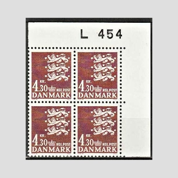 FRIMRKER DANMARK | 1980 - AFA 707 - Rigsvben 4,30 Kr. brun i marginal 4-blok L454 - Postfrisk