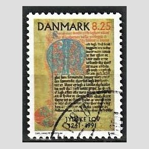FRIMRKER DANMARK | 1991 - AFA 0991 - Jydske Lov 750 r. - 8,25 Kr. flerfarvet - God/Bedre gennemsnitskvalitet - Stemplet
