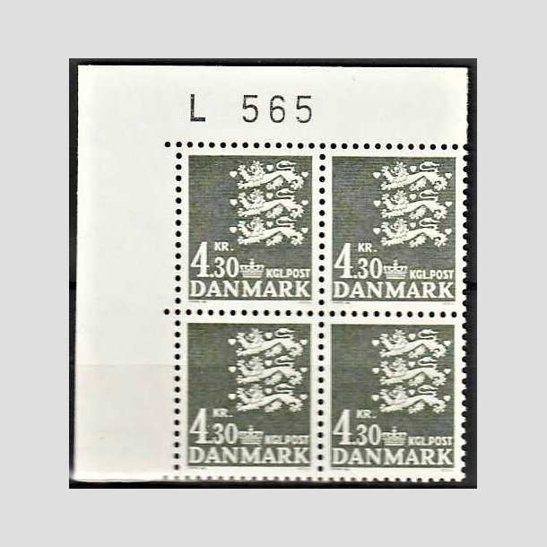 FRIMRKER DANMARK | 1984 - AFA 793 - Rigsvben 4,30 Kr. sortgrn i 4-blok med marginal L565  - Postfrisk