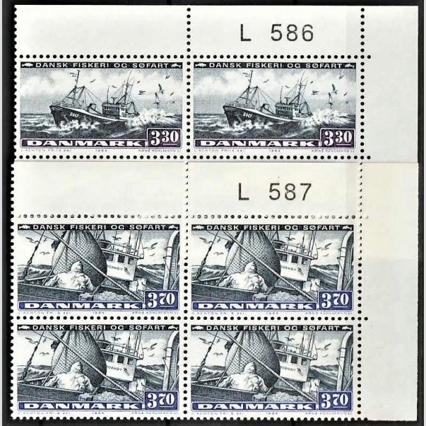 FRIMRKER DANMARK | 1984 - AFA 811 - Fiskeri og sfart - 3,30 + 3,70 kr. i 4-blok med marginal L586/L587 - Postfrisk