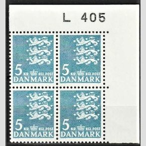 FRIMRKER DANMARK | 1946-47 - AFA 295F - Rigsvben 5 Kr. bl i 4-blok med marginal L405 - Postfrisk