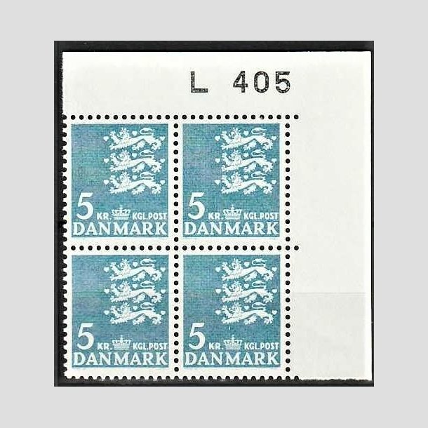 FRIMRKER DANMARK | 1946-47 - AFA 295F - Rigsvben 5 Kr. bl i 4-blok med marginal L405 - Postfrisk