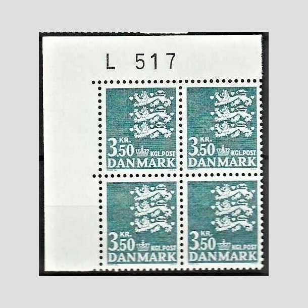 FRIMRKER DANMARK | 1982 - AFA 758 - Rigsvben 3,50 Kr. grnbl i 4-BLOK med marginal L517 - Postfrisk