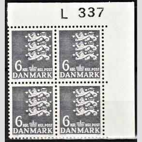 FRIMRKER DANMARK | 1976 - AFA 621 - Rigsvben - 6 kr. grbl i 4-blok med marginal L337 - Postfrisk