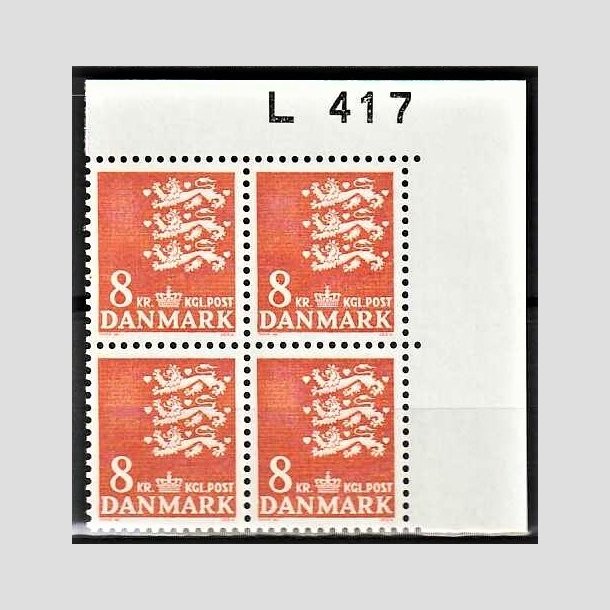 FRIMRKER DANMARK | 1979 - AFA 681 - Rigsvben 8 Kr. orange i 4-blok med marginal L417 - Postfrisk