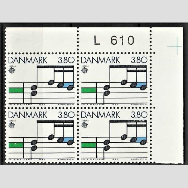 FRIMRKER DANMARK | 1985 - AFA 830 - Europamrker "Musik" - 3,80 Kr. flerfarvet i 4-blok med marginal L610 - Postfrisk